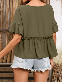 Indie Frill Decorative Button Round Neck Half Sleeve Blouse