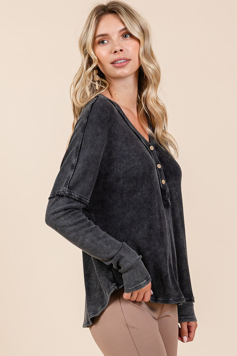 Elina Washed V-Neck Long Sleeve Blouse