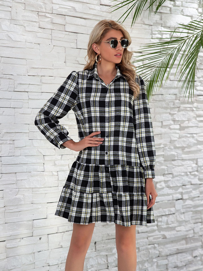 Rhea Ruffle Hem Plaid Button Down Long Sleeve Dress