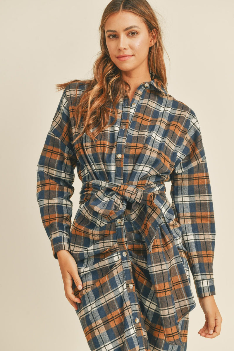 Lyric Plaid Flannel Front Tie Button Down Shirt Dress