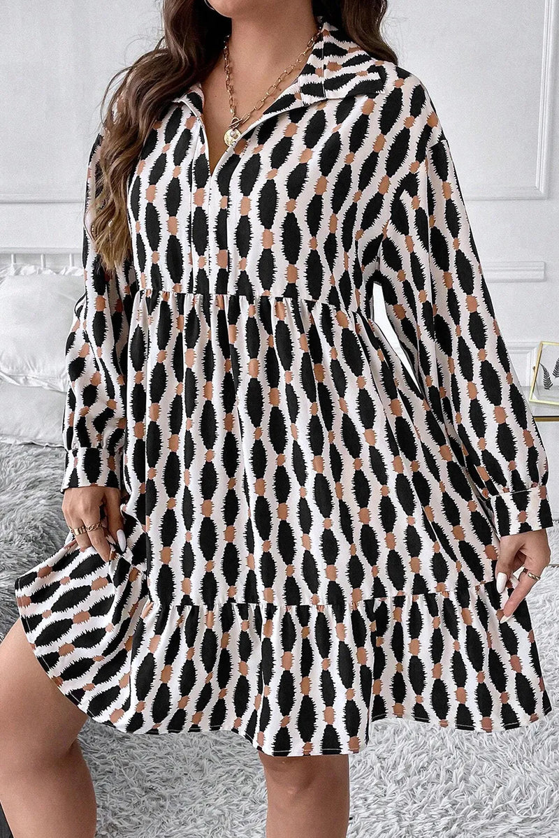 Reyna Plus Size Printed Johnny Collar Long Sleeve Dress