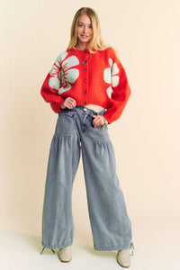 Riley Flower Contrast Round Neck Long Sleeve Cardigan