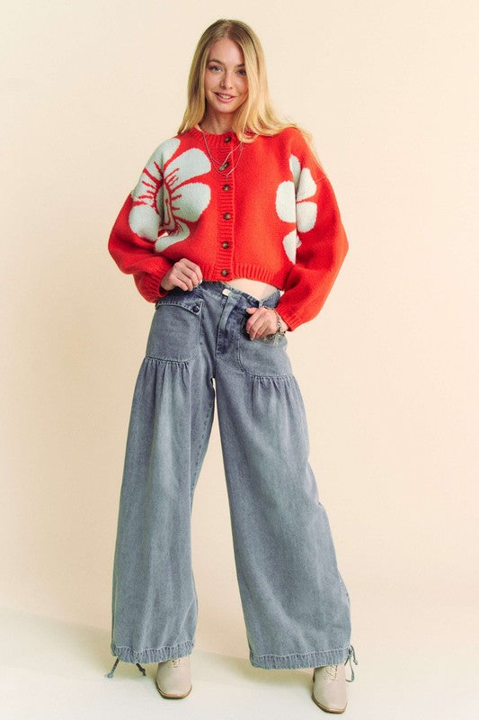 Riley Flower Contrast Round Neck Long Sleeve Cardigan