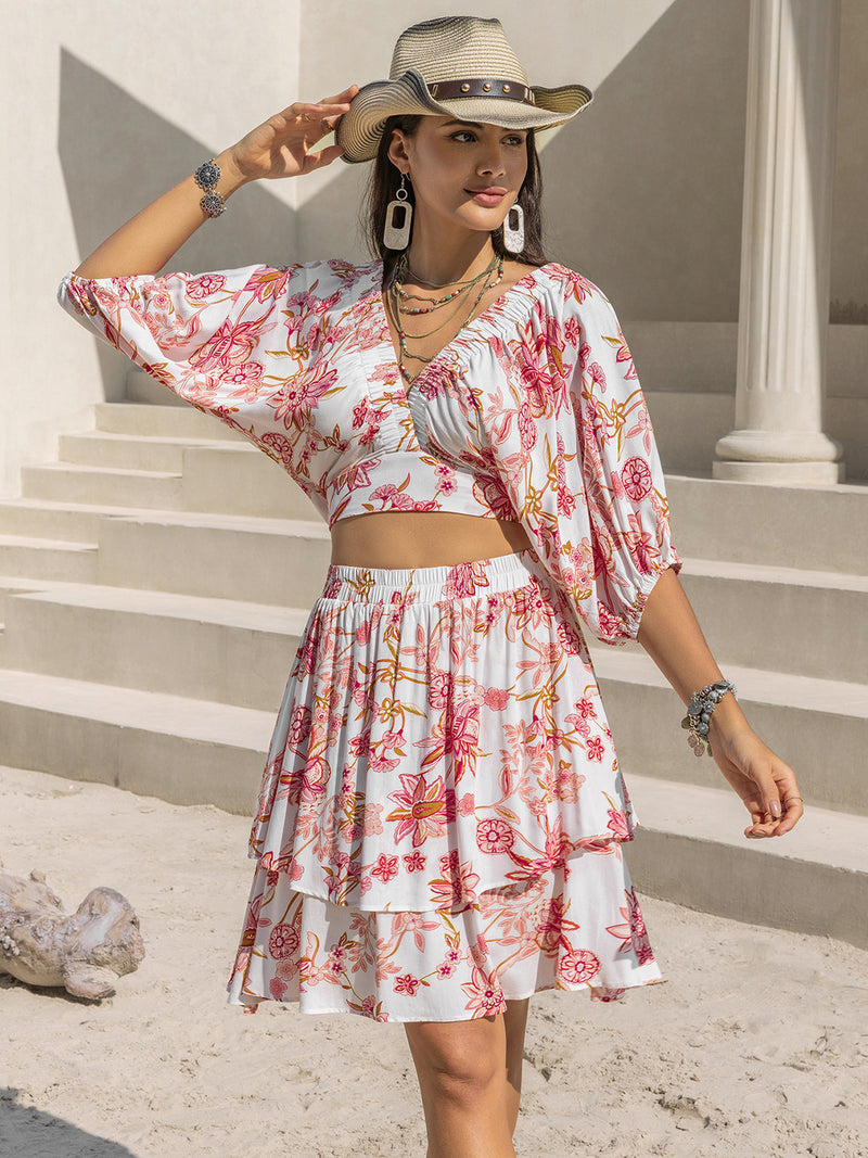 Lenora Printed Half Sleeve Top and Layered Skirt Set