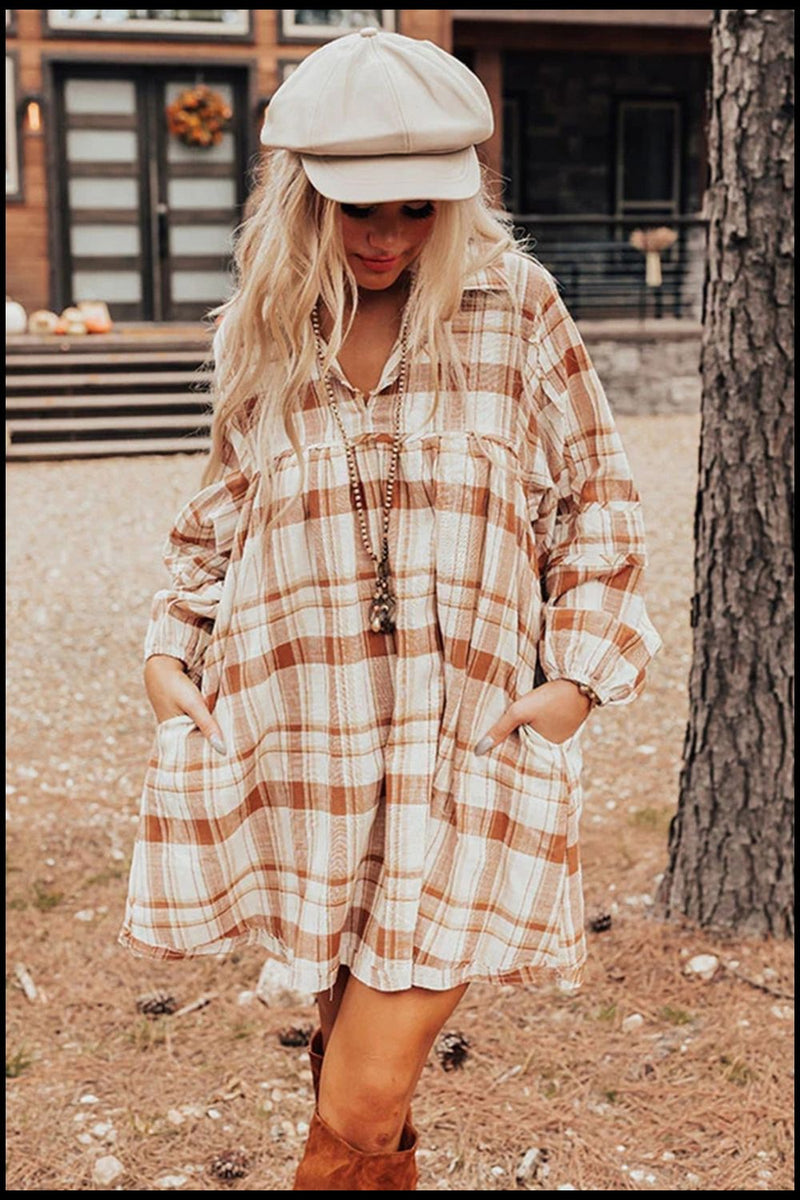 Meilani Plaid Collared Neck Long Sleeve Mini Shirt Dress