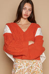 Lucia Cable Knit Quilting Patch V-Neck Contrast Sweater