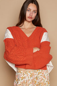 Lucia Cable Knit Quilting Patch V-Neck Contrast Sweater