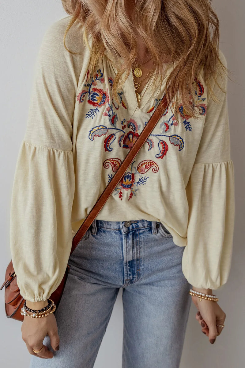 Catherine Embroidered Notched Long Sleeve Blouse