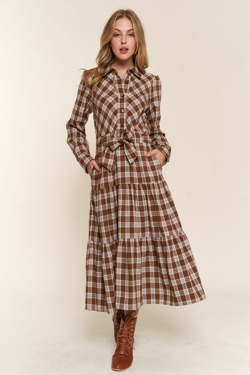 Sienna Plaid Tiered Midi Shirt Dress