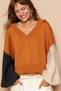 Sienna Exposed Seam Roll Edge Color Block V Neck Sweater