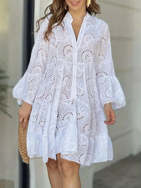 Noemi Ruffle Hem Eyelet Notched Long Sleeve Dress