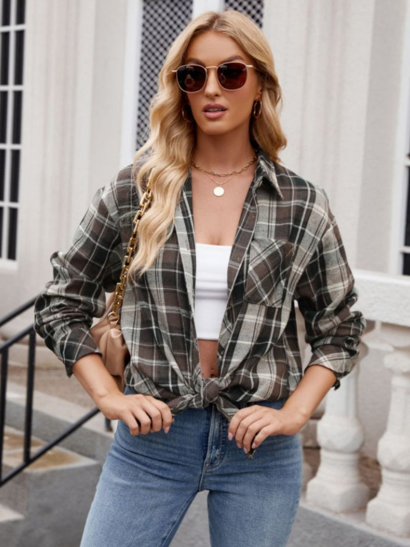 Juniper Pocketed Plaid Collared Neck Long Sleeve Shirt