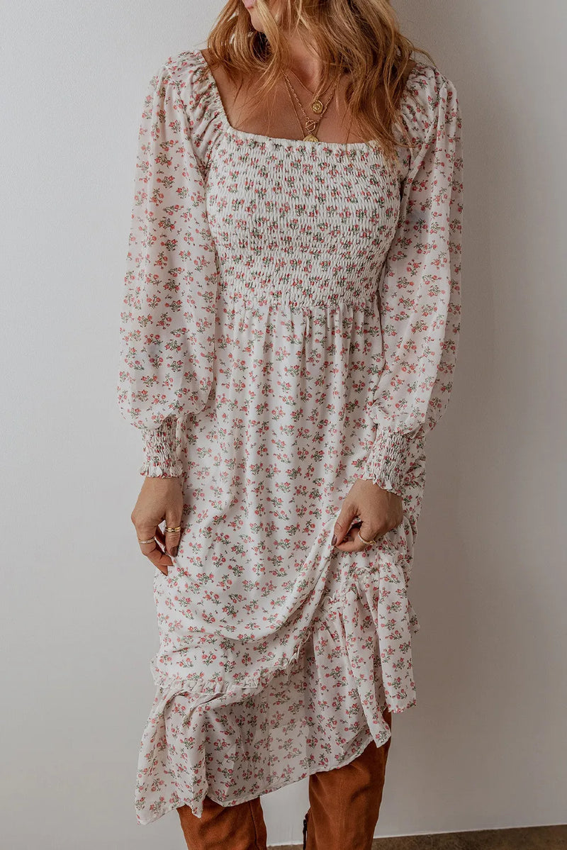 Amaya Smocked Floral Square Neck Long Sleeve Midi Dress