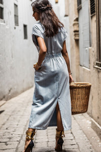 Sarai Slit Pocketed Half Button Denim Dress