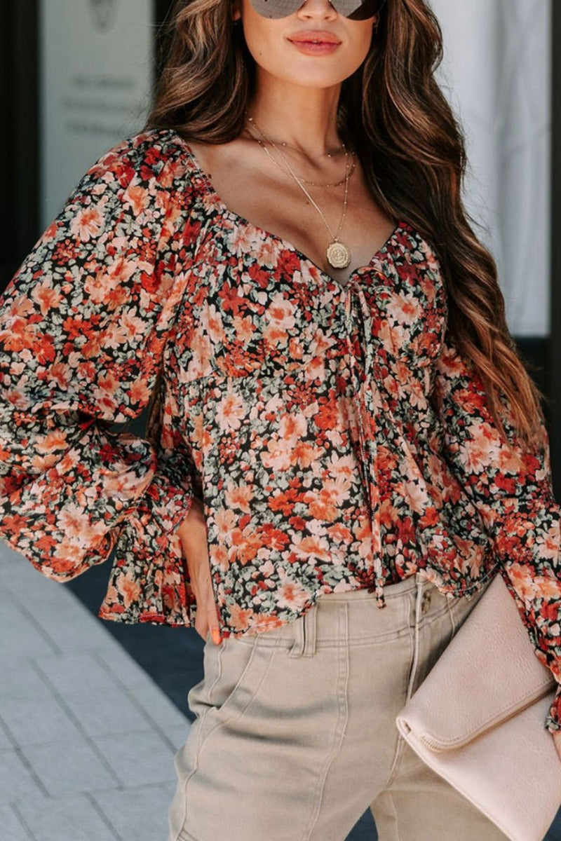 Melody Peplum Tied Flora Long Sleeve Blouse