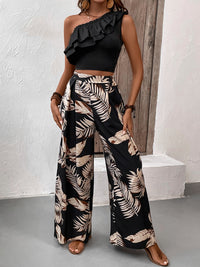 Teresa Ruffled Sleeveless Top and Printed Pants Set