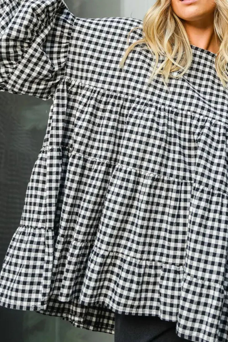 Noah Tiered Plaid Round Neck Long Sleeve Blouse