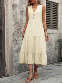 Dani Decorative Button Notched Sleeveless Dress