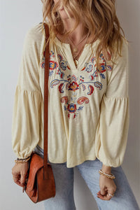 Catherine Embroidered Notched Long Sleeve Blouse