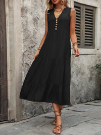 Dani Decorative Button Notched Sleeveless Dress