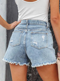 Estrella Distressed Fringe Denim Shorts with Pockets