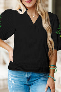 Makenzie Embroidered Notched Puff Sleeve Blouse