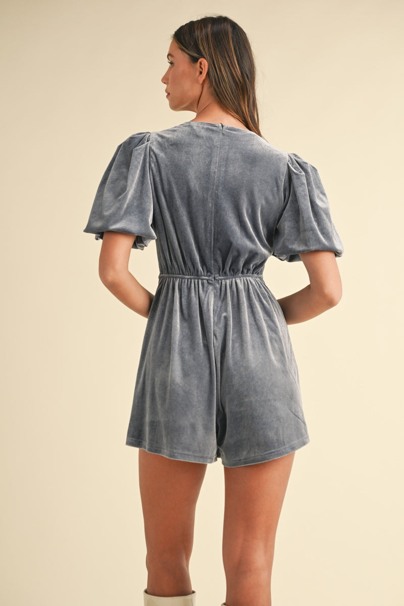 Elaine Jewel Bow Decor Puff Sleeve Velvet Romper