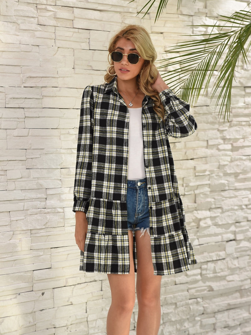 Rhea Ruffle Hem Plaid Button Down Long Sleeve Dress