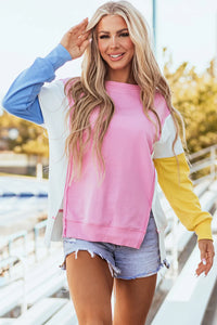 Imani Slit Contrast Round Neck Long Sleeve Sweatshirt