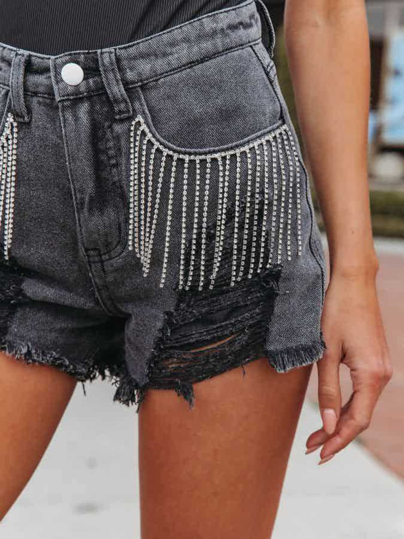 Estrella Distressed Fringe Denim Shorts with Pockets