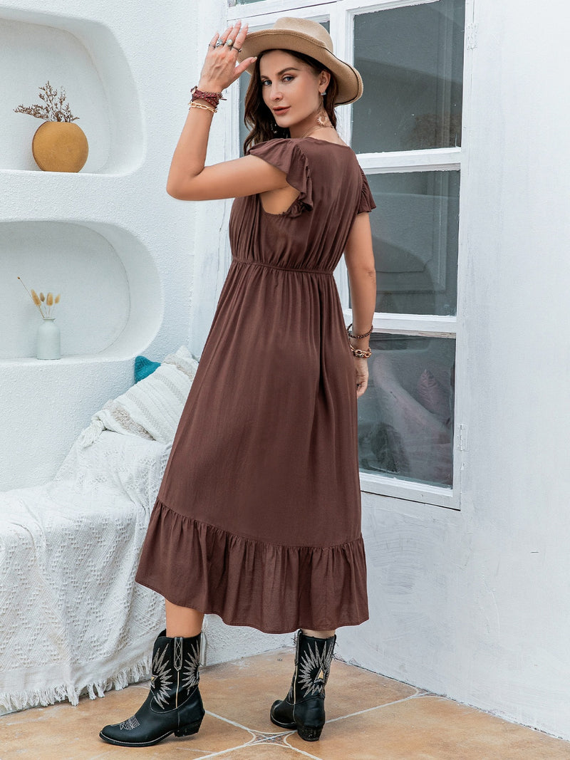 Athena Plus Size Ruffled V-Neck Cap Sleeve Midi Dress