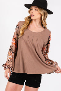 Marie Floral Long Sleeve Front Pleated Detail Blouse