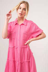 Alina Raw Edge Washed Tiered Shirt Dress