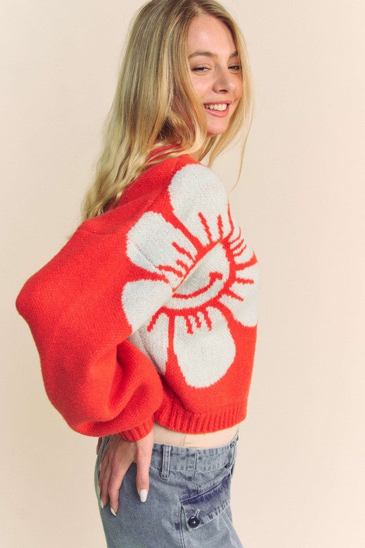 Riley Flower Contrast Round Neck Long Sleeve Cardigan