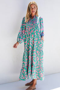 Malaysia Smocked Printed Tie Neck Long Sleeve Dress