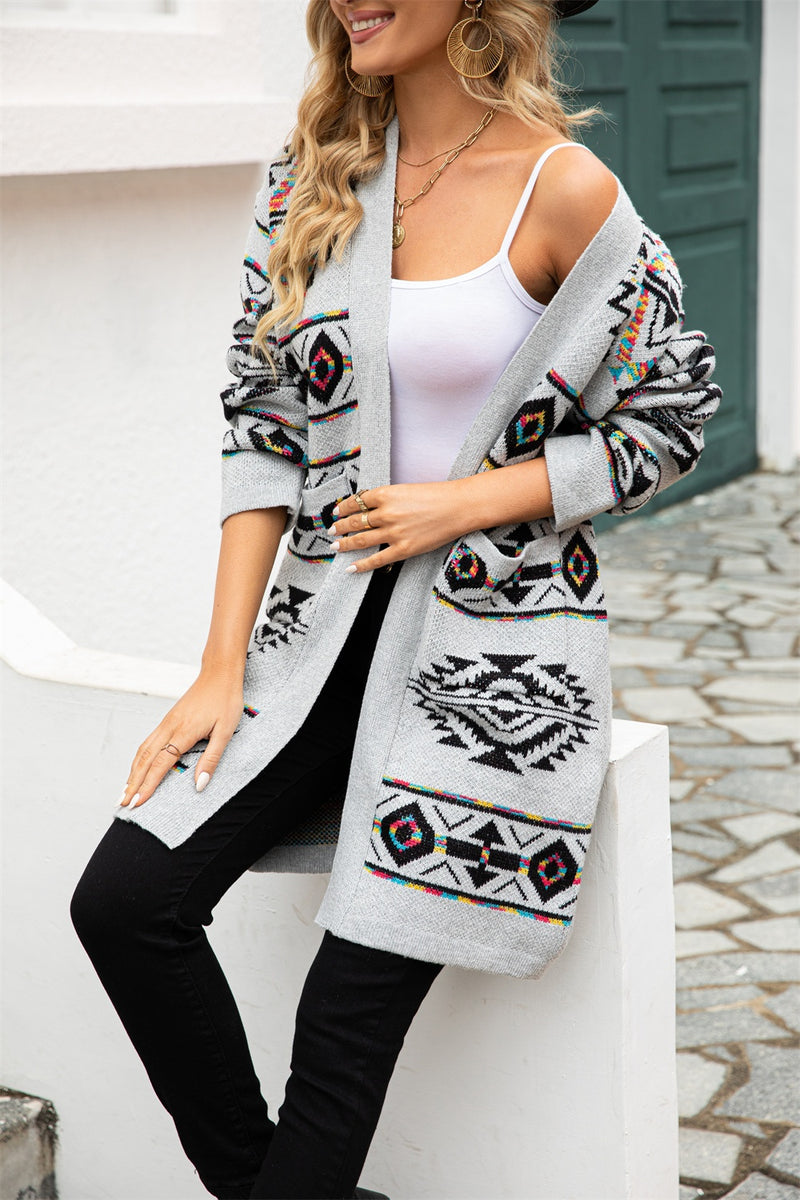 Noelle Pocketed Geometric Open Front Dropped Shoulder Cardigan