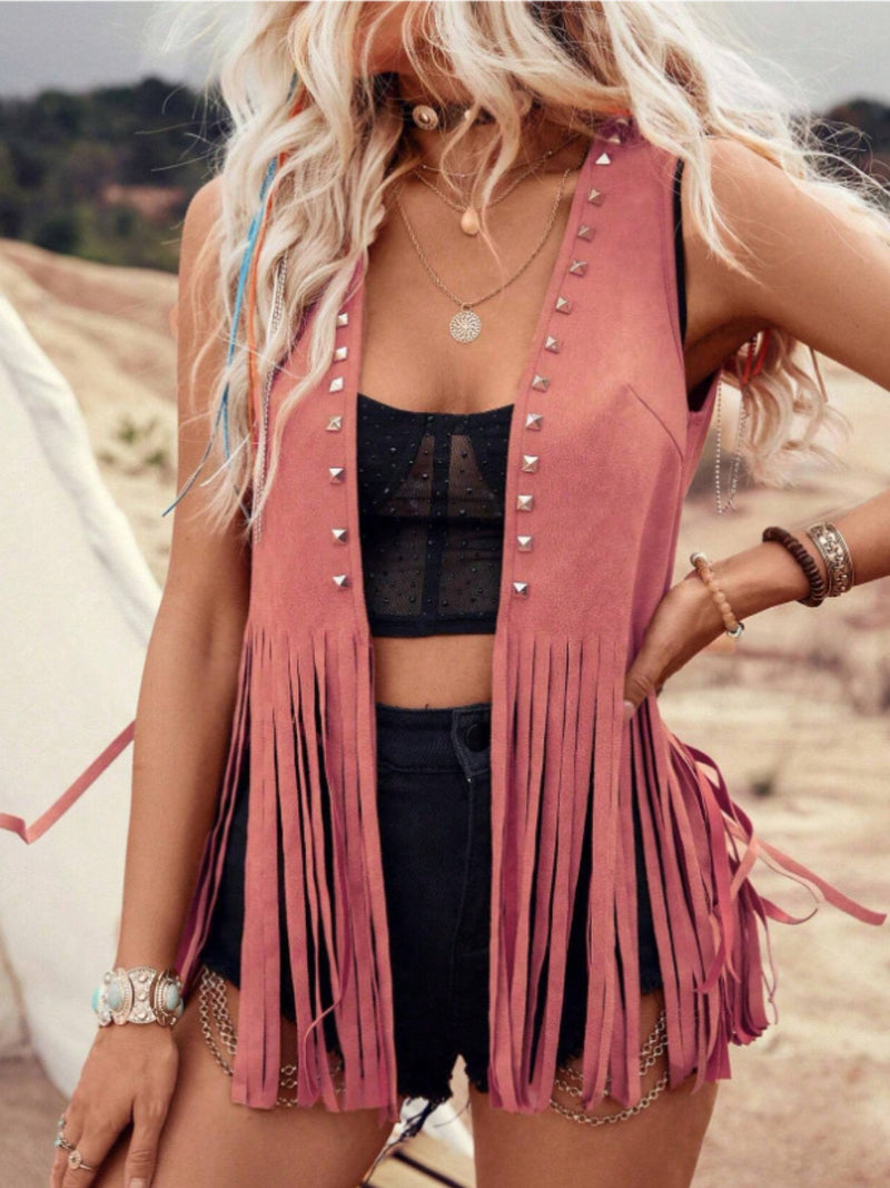 Sylvie Fringe Studded Open Front Vest Coat