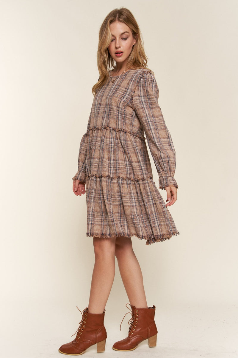 Emersyn Washed Frayed Tiered Plaid Dress