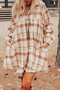 Meilani Plaid Collared Neck Long Sleeve Mini Shirt Dress