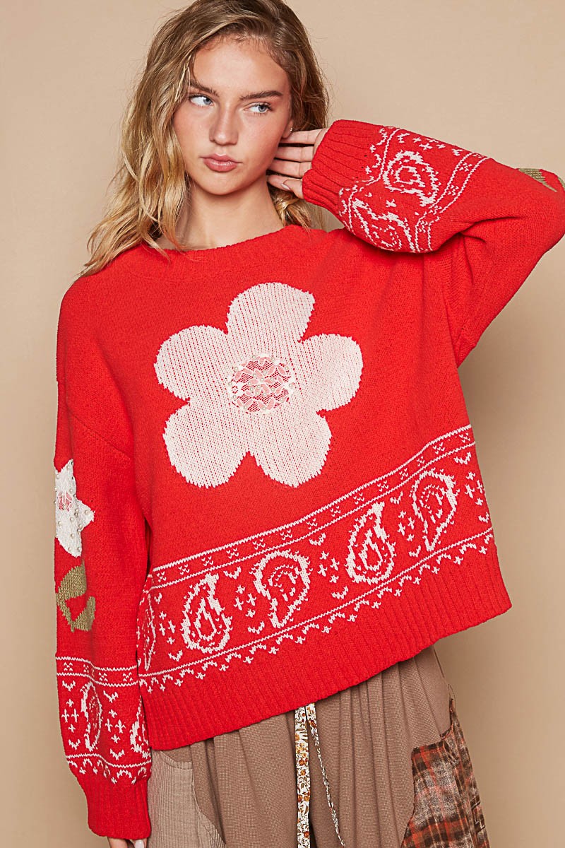 Jianna Flower Lace Patch Long Sleeve Sweater