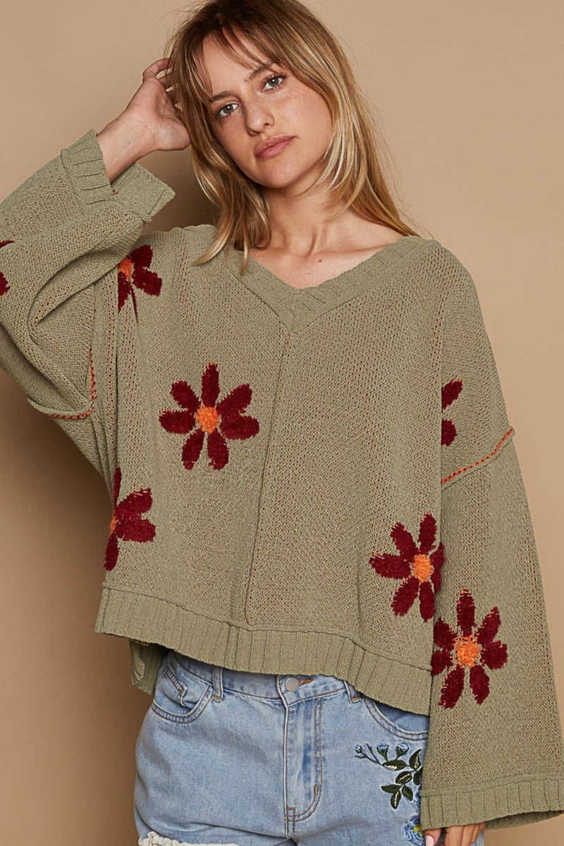 Aniyah V-Neck Floral Pattern Chenille Sweater