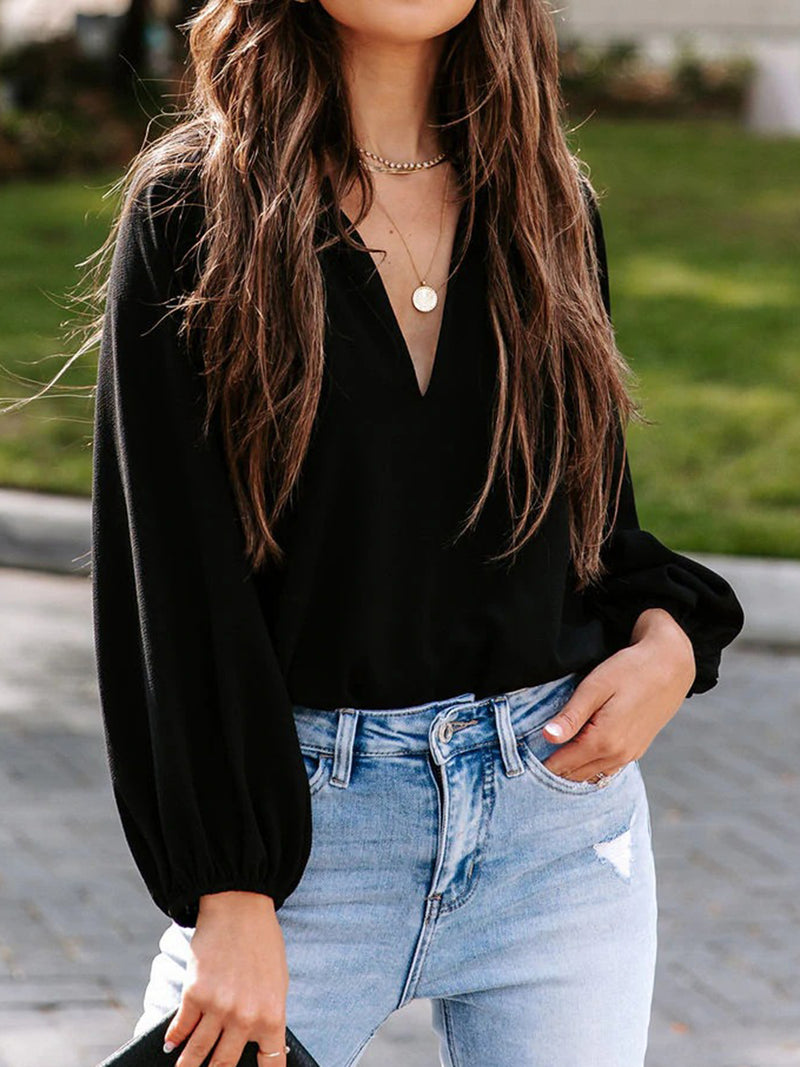 Ayla Notched Neck Long Sleeve Blouse