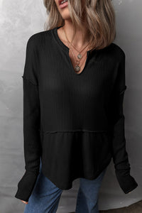 Miriam Waffle-Knit Exposed Seam Notched Long Sleeve Top