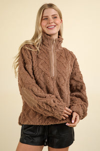 Melany Fuzzy Fleece Half Zip Cable Pattern Sweatshirt