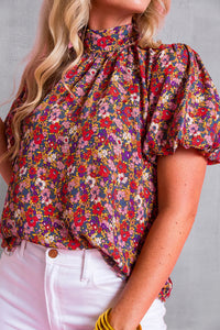 Dream Printed Mock Neck Short Sleeve Blouse