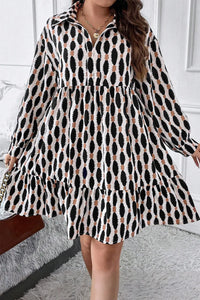 Reyna Plus Size Printed Johnny Collar Long Sleeve Dress