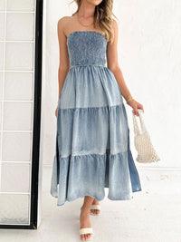 Frances Slit Smocked Tube Tiered Denim Dress