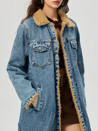 Rose Pocketed Button Up Denim Jacket with Fur Lining