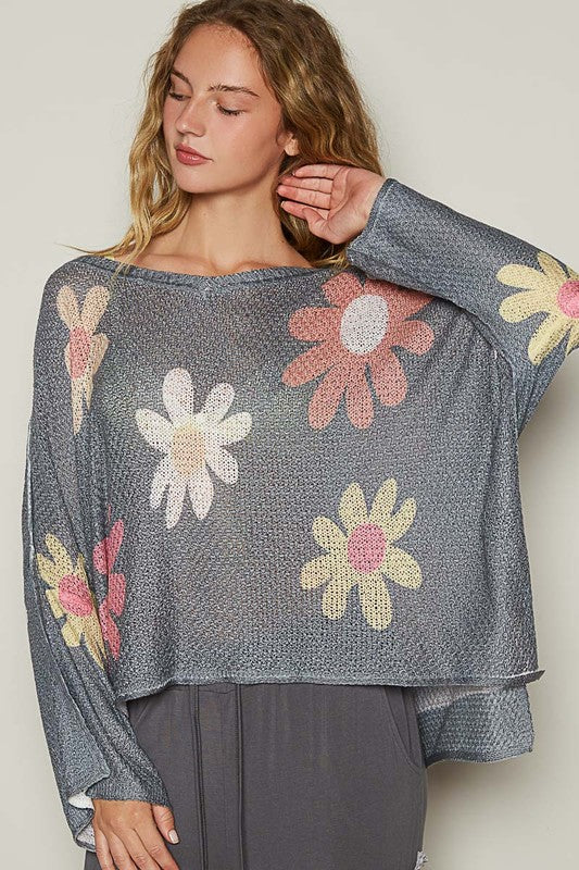 Alaia Flower Dropped Shoulder Long Sleeve Knit Top