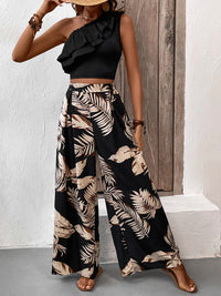 Teresa Ruffled Sleeveless Top and Printed Pants Set